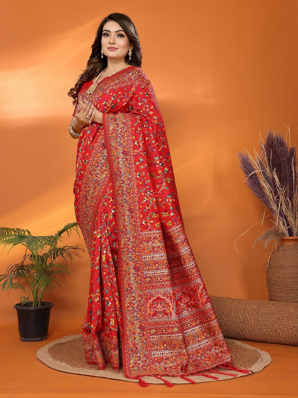 Joban Fashion Red Meena Weaves Pashmina Sarees