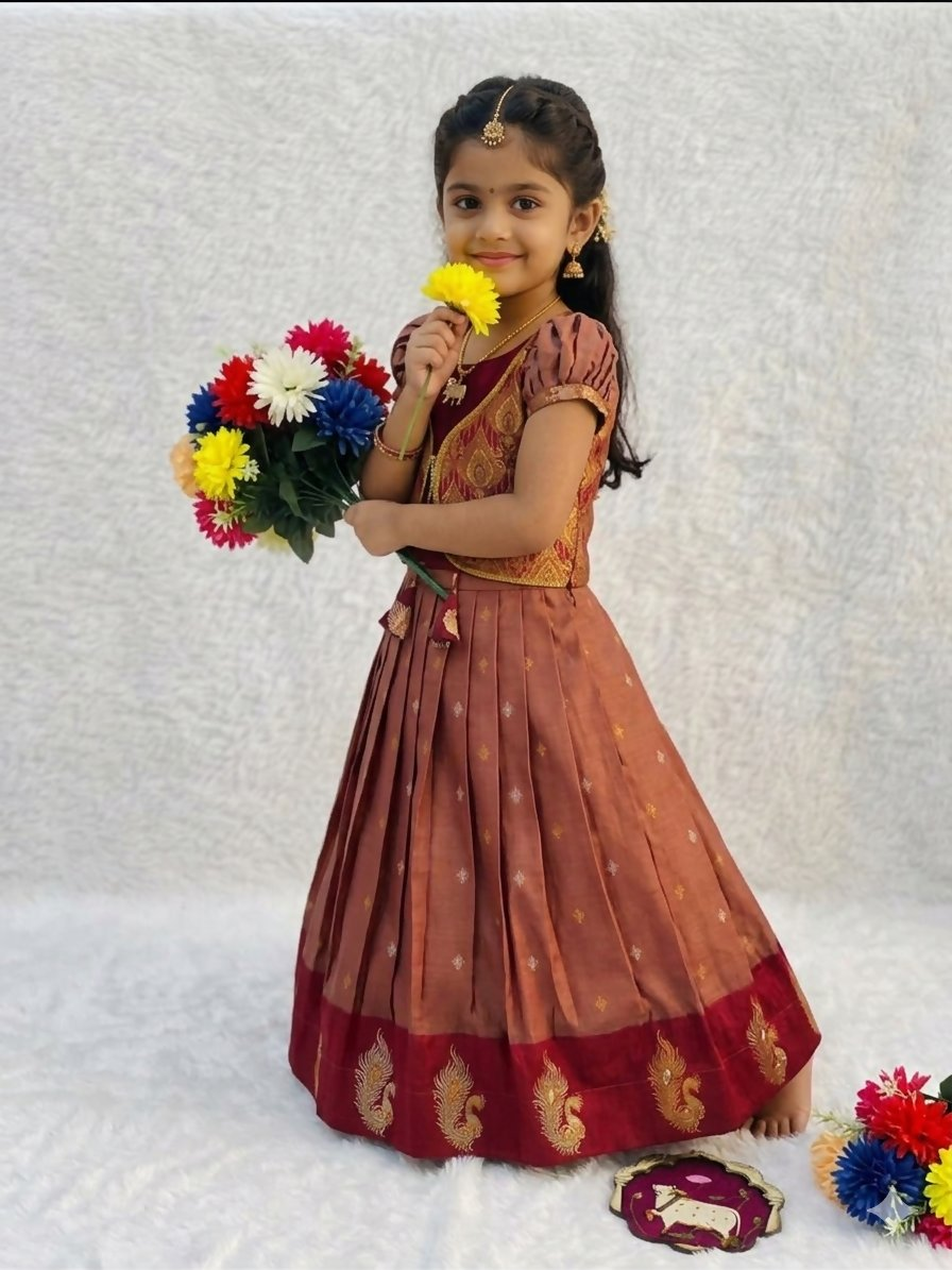 Teeya Creation New Designer Girls Rust Red Silk Traditional Langa Voni Lehenga Set With Koti Jacket-Red