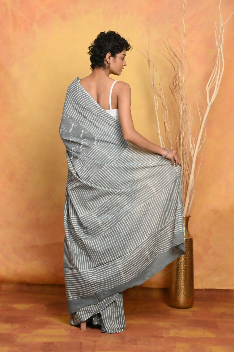 Very Much Indian Handblock Printed Cotton Saree With Natural Dyes - Grey | Swadesiicart