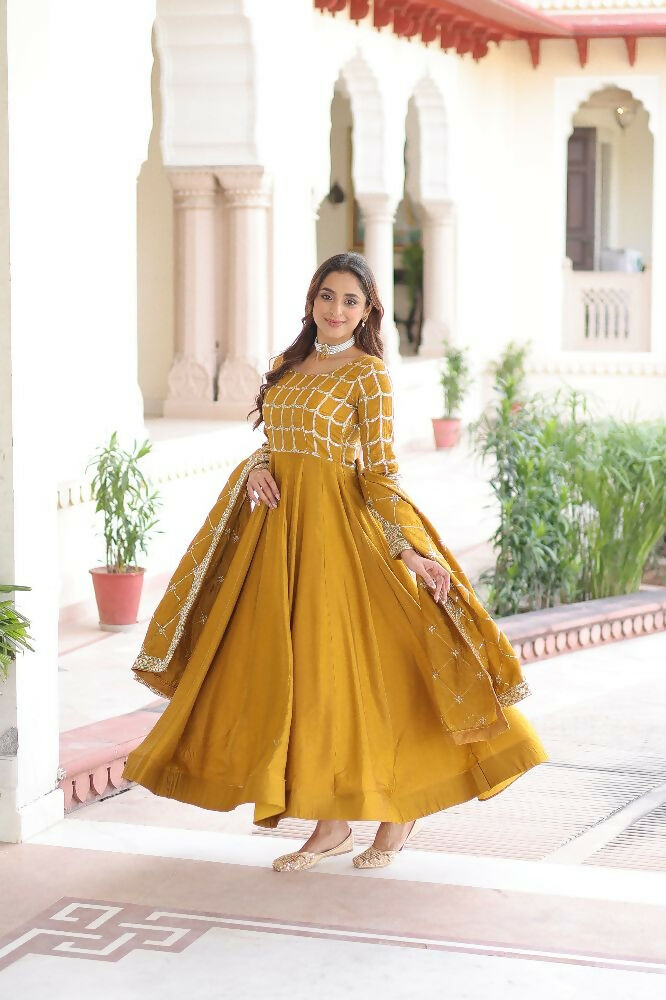 Joban Fashion Yellow Kurta Set Silk Sequins , Zari, Coding & Thread Embroidered work