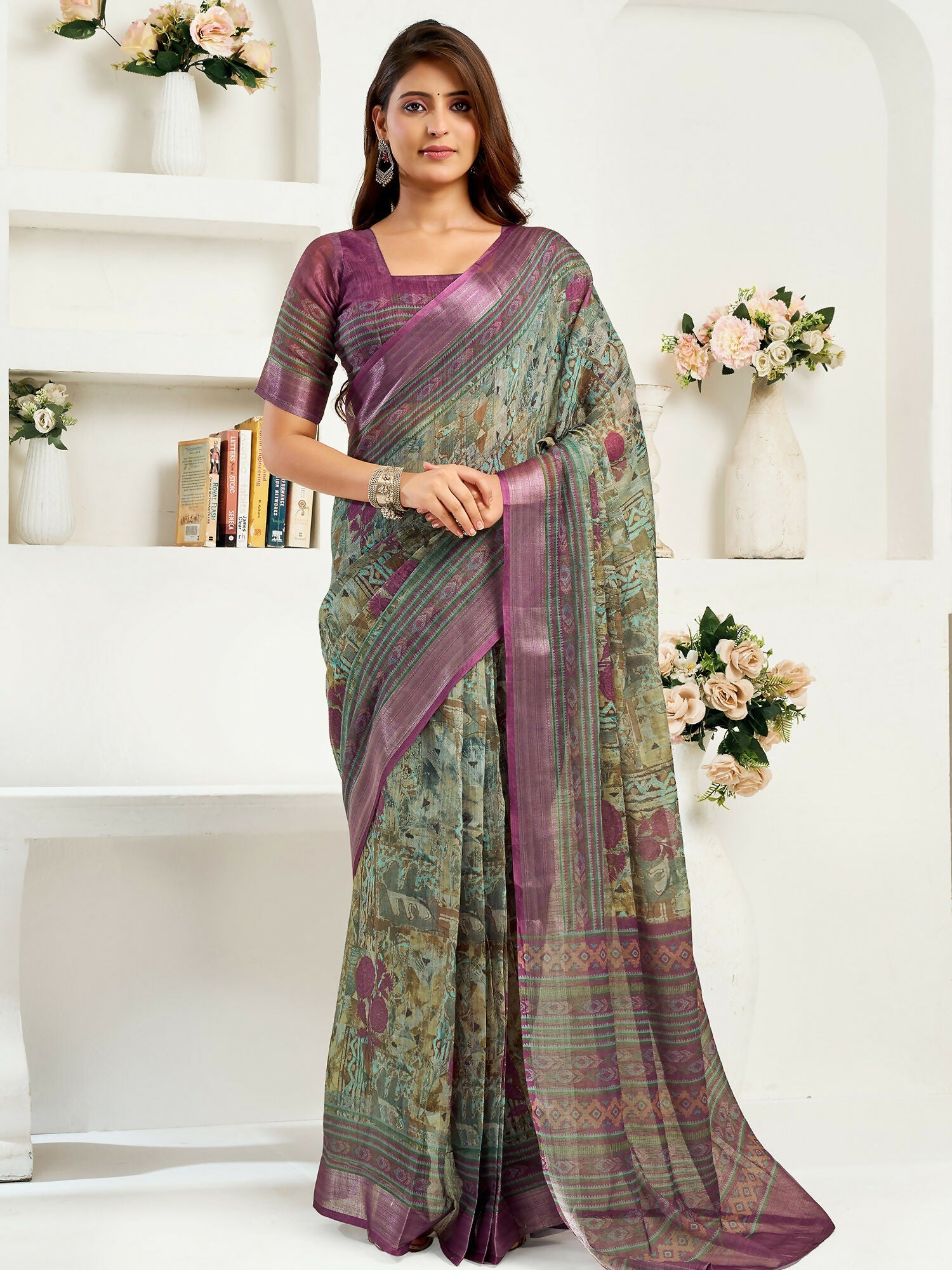 Joban Fashion Multicoloured Ikkat & Floral Linen Ready To Wear Saree With Unstitched Blouse