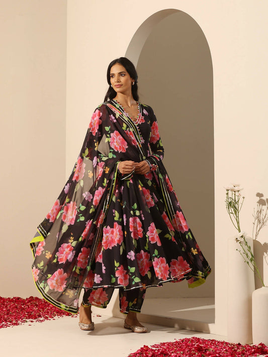 Pomcha Jaipur Black Gul Gulabi Phool Anarkali Set 