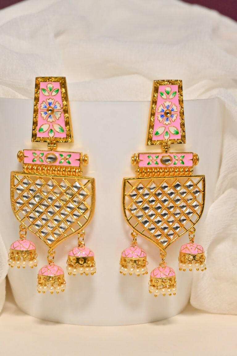 Pink Traditional Gold-Polished Meenakari Jhumka Jhumki Earrings Indian Jewellery For Women Girls By House of Ree House of Ree