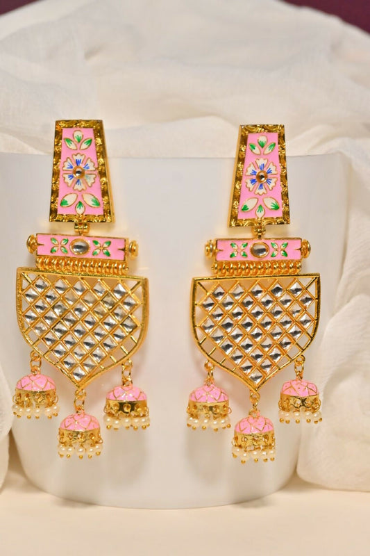Pink Traditional Gold-Polished Meenakari Jhumka Jhumki Earrings Indian Jewellery For Women Girls By House of Ree House of Ree