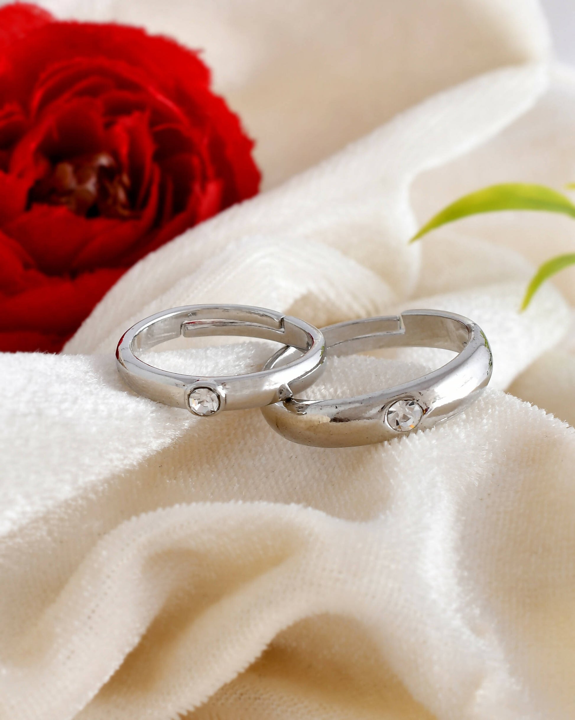 VOJ Stainless Steel Cubic Zirconia Silver Plated Adjustable Ring Set for Couple 