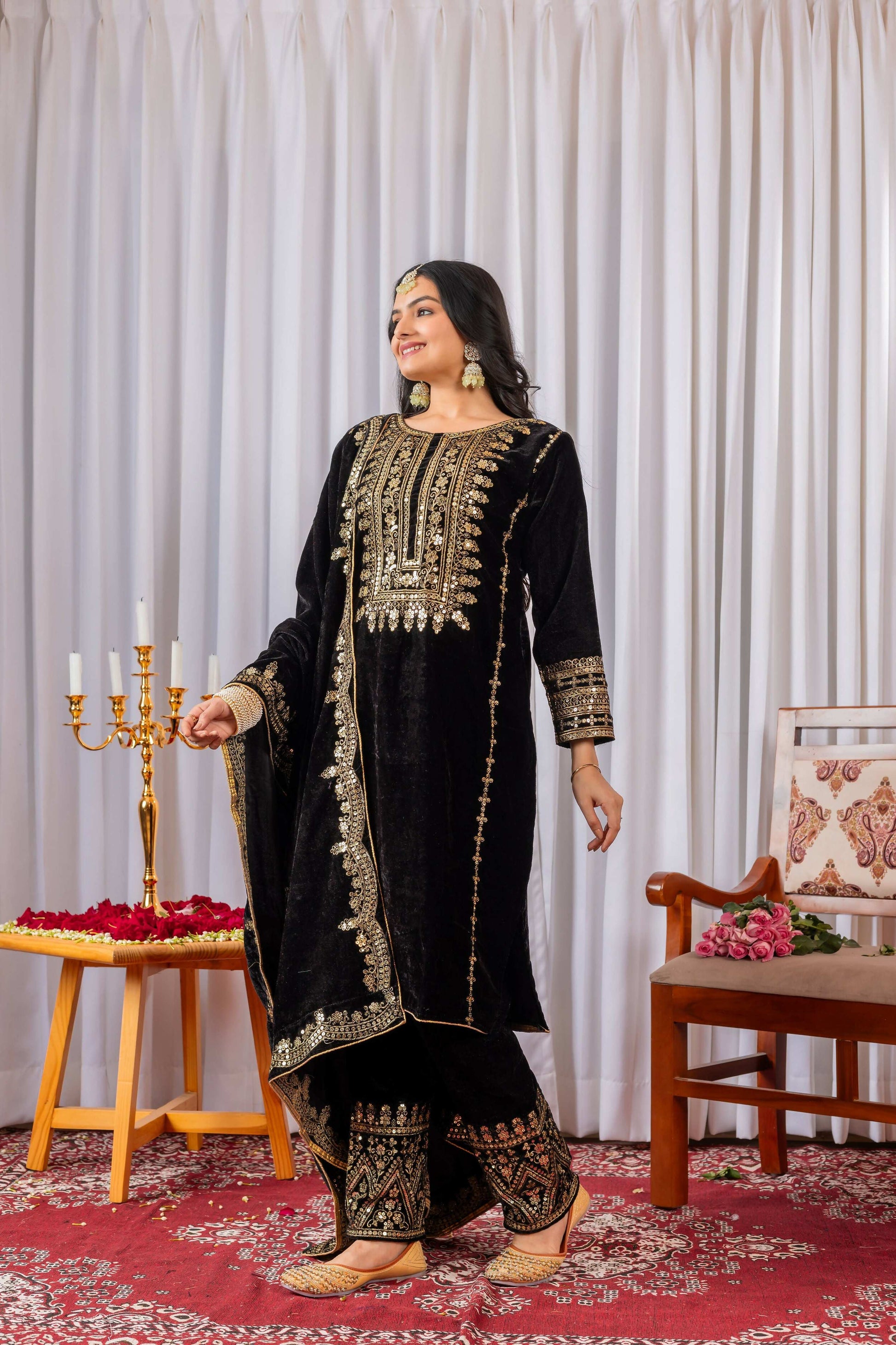 Teeya Creation Black Color Velvet Designer Embroidery Work party Wear Suit