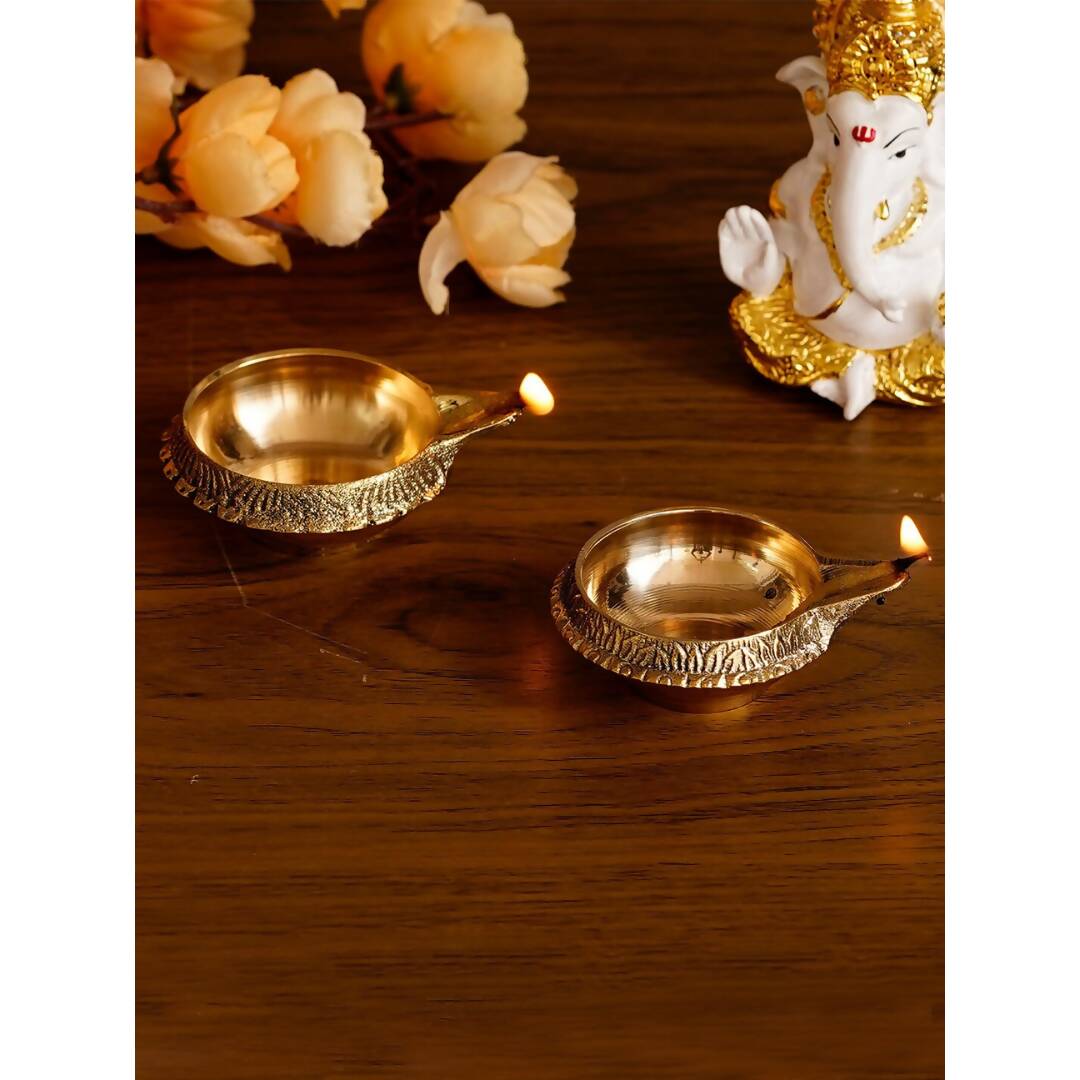 Grab2Buy Set of 2 Gold-Toned Auspicious Handcrafted Brass Diya 
