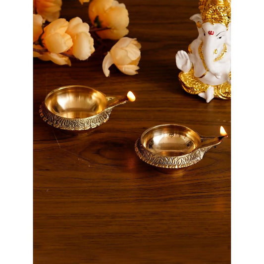 Grab2Buy Set of 2 Gold-Toned Auspicious Handcrafted Brass Diya 