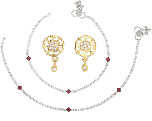 AanyaCentric Stylish Silver Plated Anklet & Gold Plated American Diamond Earring Combo for Girls & Women - Grab2buy