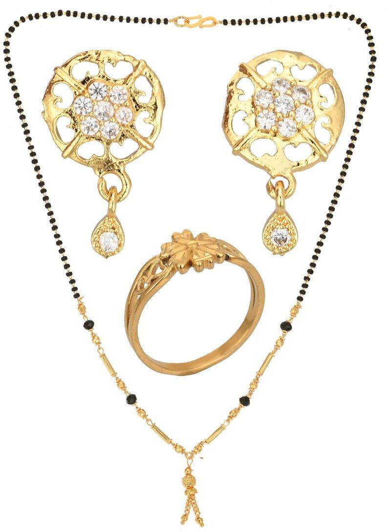 AanyaCentric Gold-Polished Jewelry Combo: Elegant Short Mangalsutra, Finger Ring, and American Diamond Earrings Set