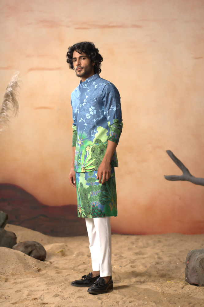 Tree Bark Classy Print Silk Nehrujacket Set by Hilo Design  Grab2Buy Hilo Design Grab2Buy