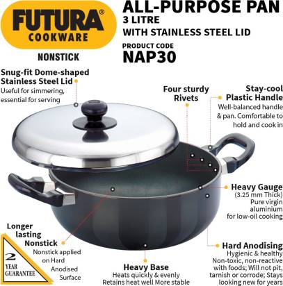 Hawkins Futura Non-stick All-Purpose Pan Handi 3 L with Lid (NAP30)