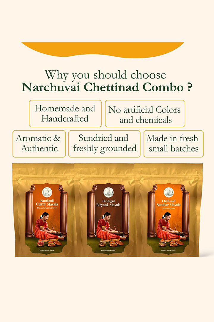 Narchuvai Foods Chettinad Combo (Chettinad Sambar Masala + Karaikudi Curry Masala + Dindigul  Biryani Masala)