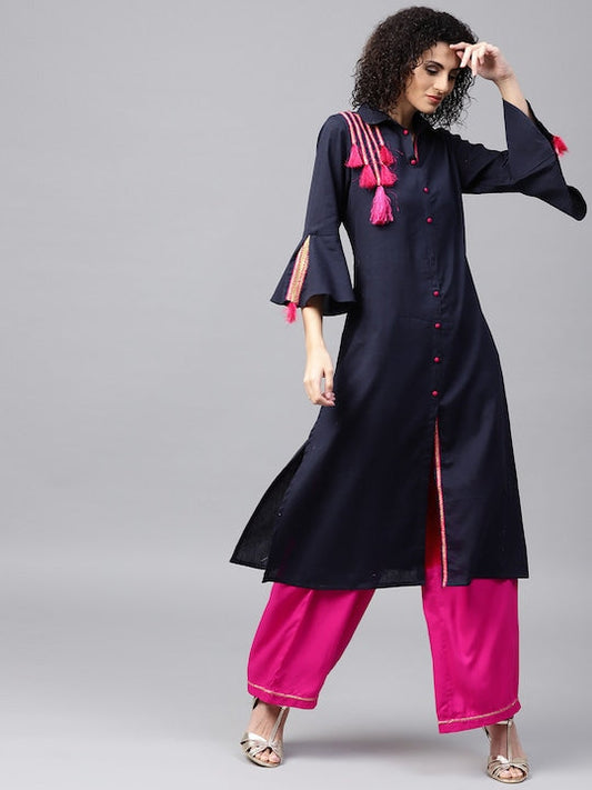NOZ2TOZ Navy & Magenta Solid Kurta With Palazzos - Grab2buy