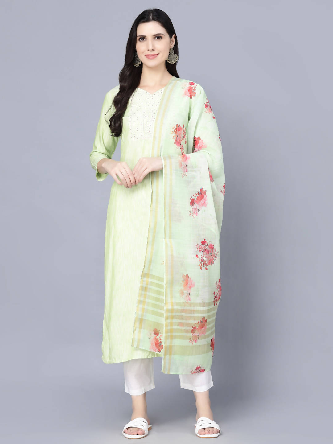 Myshka Women Lime Green Floral Printed Panelled Pure Cotton Kurti with Trousers With Dupatta