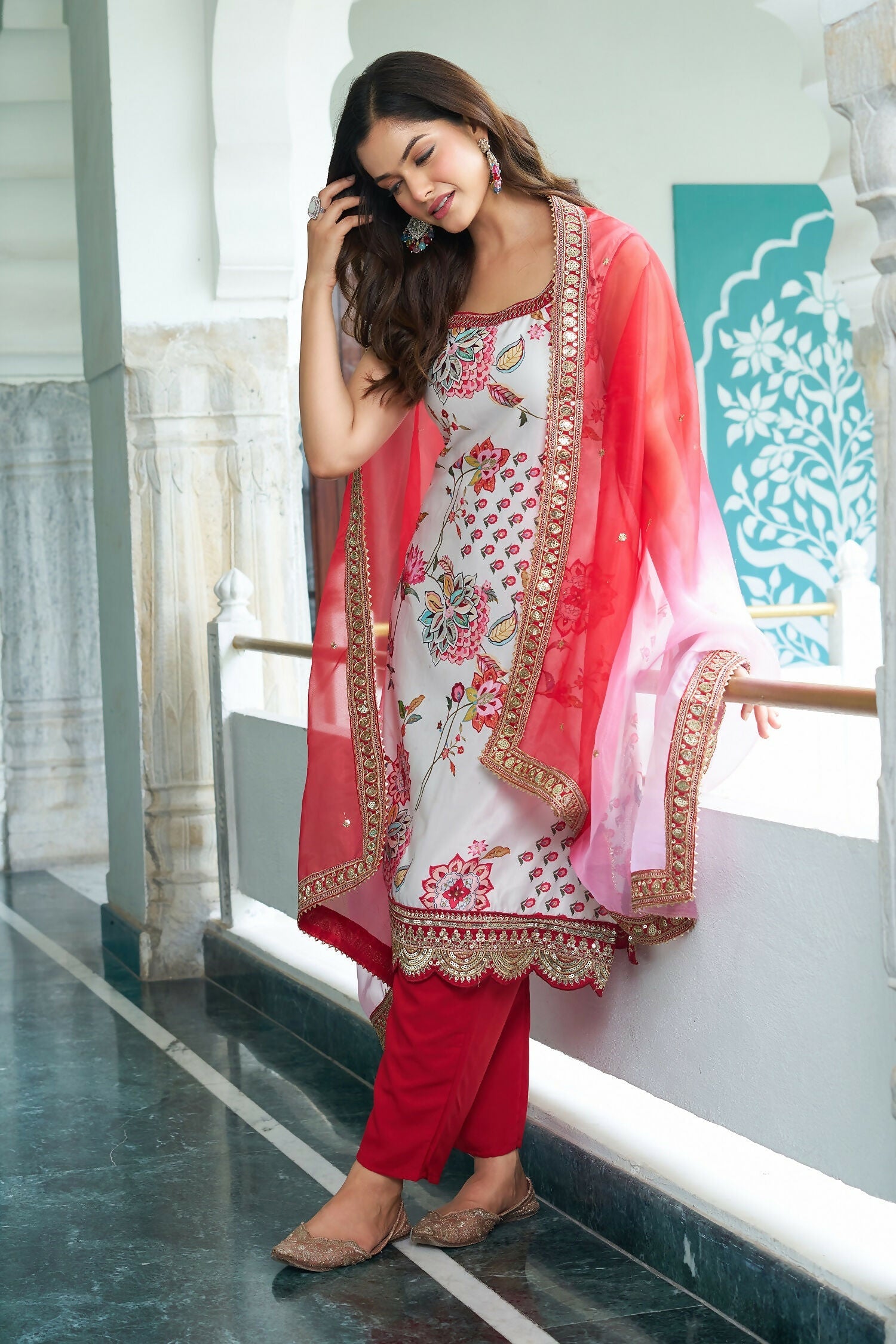 Joban Fashion White Georgette Embroidery Sequence Work Readymade Kurta Set