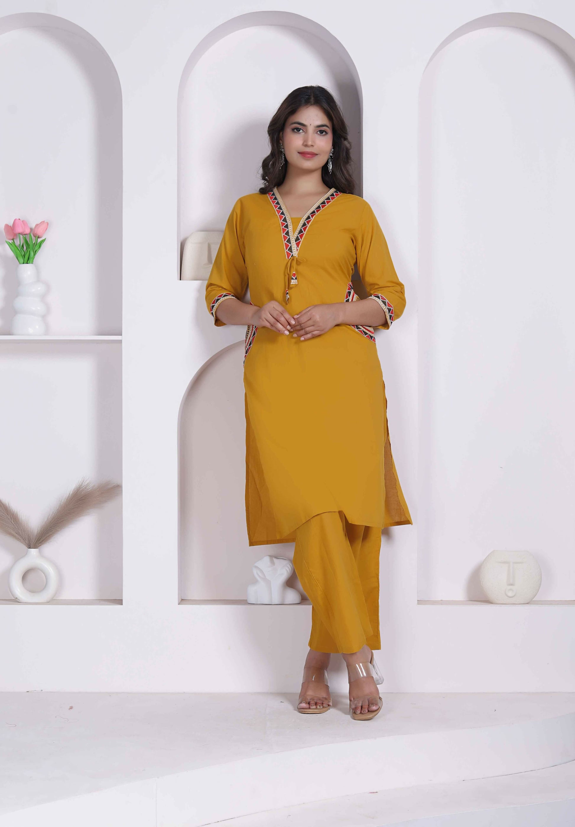 Miravan Womens Yellow Kurta And Palazzo Set