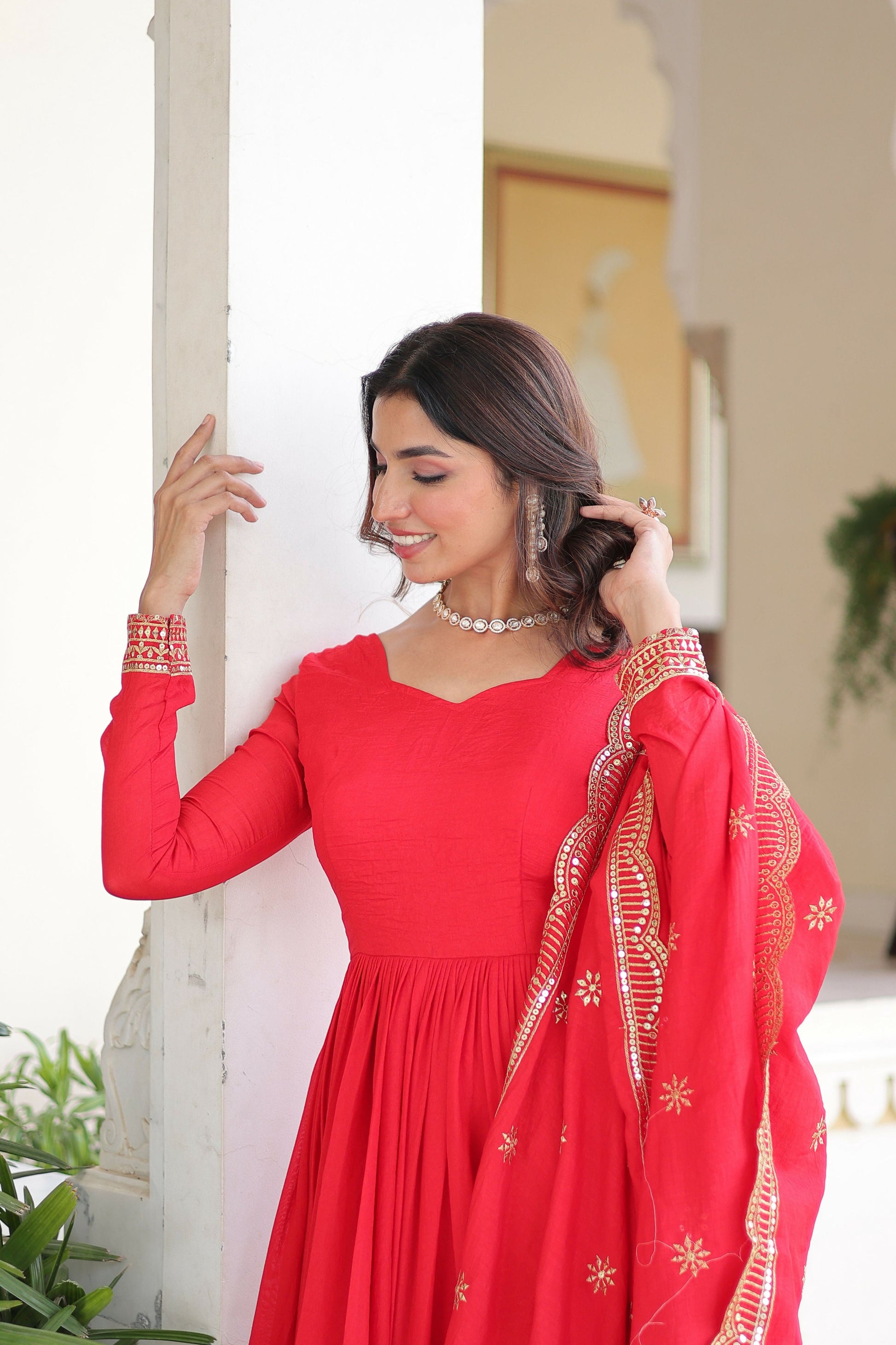 Joban Fashion Red Readymade Kurta Set With Sequence embroidery Work