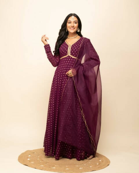 FIORRA Women's Wine Georgette Anarkali Kurta With Dupatta 