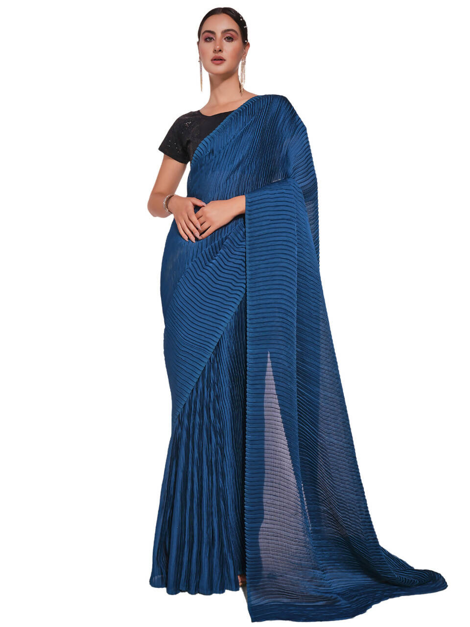 Teal Georgette Solid Texture Saree With Unstitched Blouse Piece - Rajal