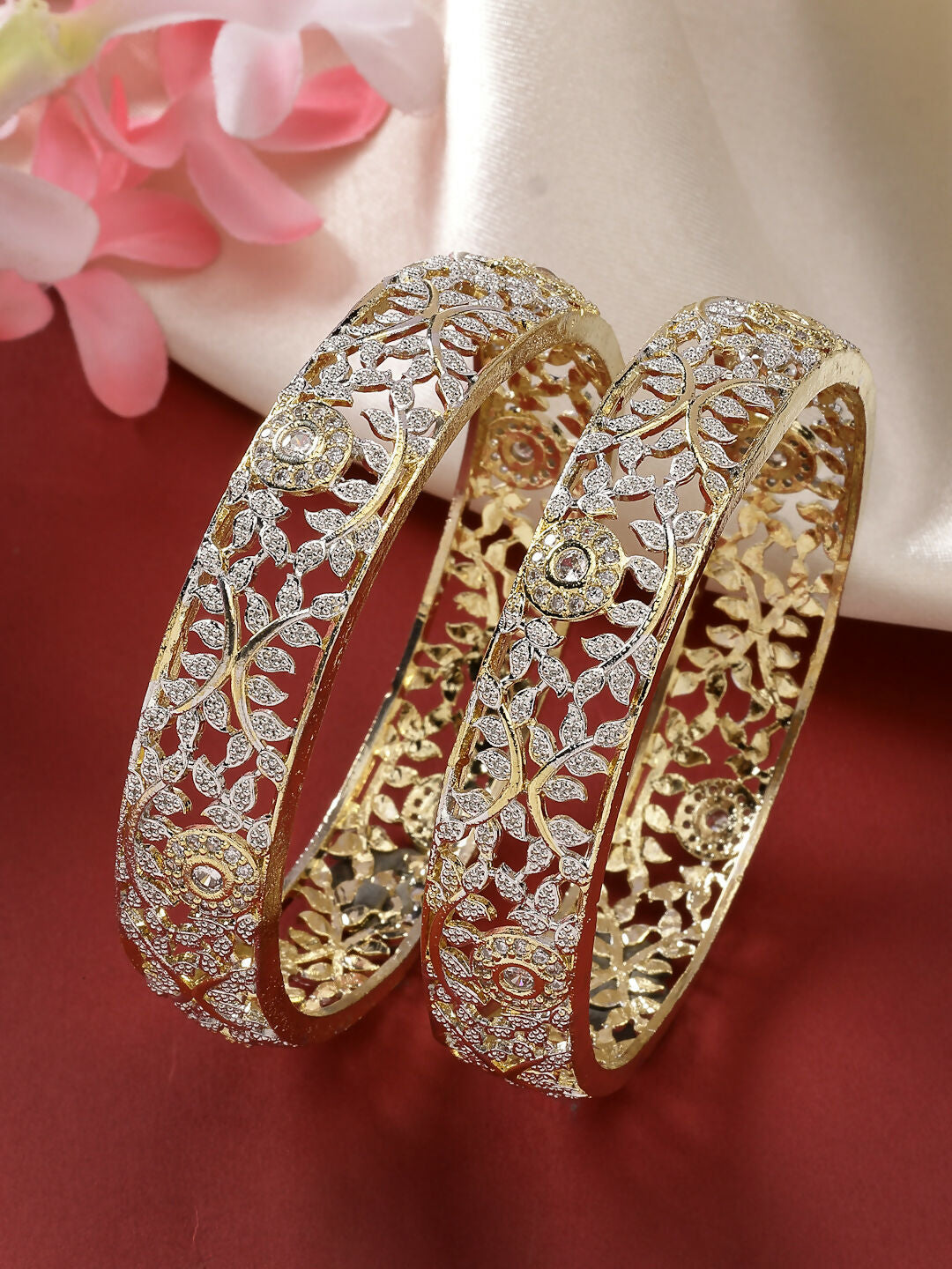 NVR Women's Set of 2 Gold-Polished American Diamond Emblished Handcrafted Bangles | Grab2Buy