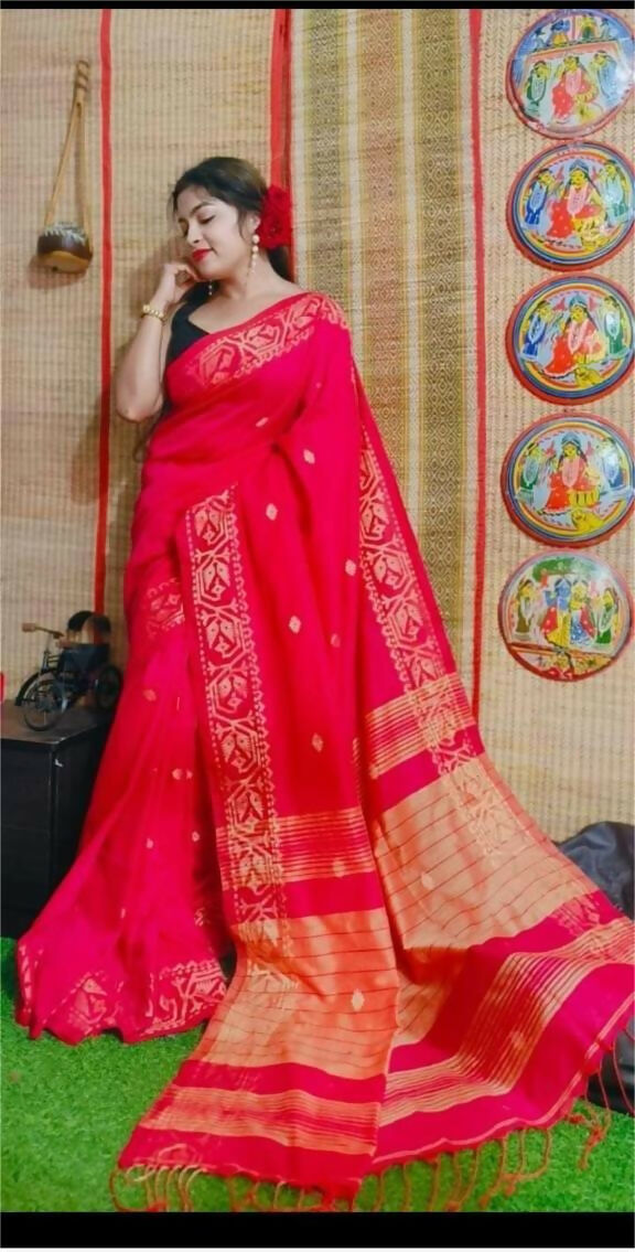 Exclusive Collection Beautiful Red Pure Cotton Woven Handloom Grab2Buy With Running Blouse Piece 