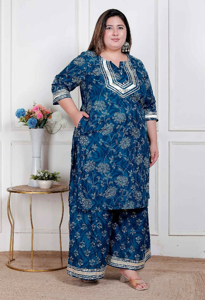 Miravan Plus Size Women'S Cotton Floral Printed V-Neck Kurta With Flared Palazzo