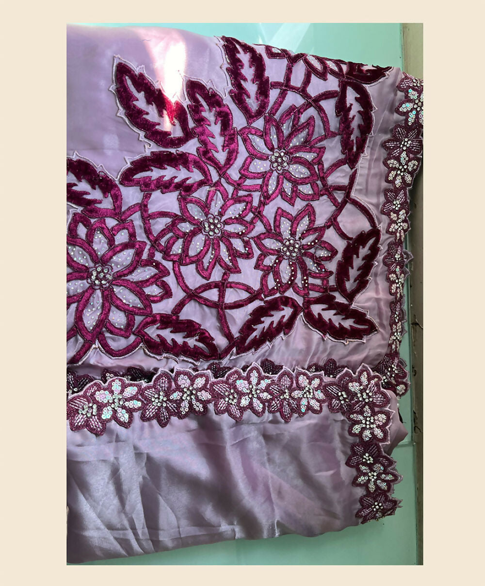 Purple Crepe Satin Silk Sequence & Cord Embroidered with Stone Work Saree - Mohmanthan Dakshika
