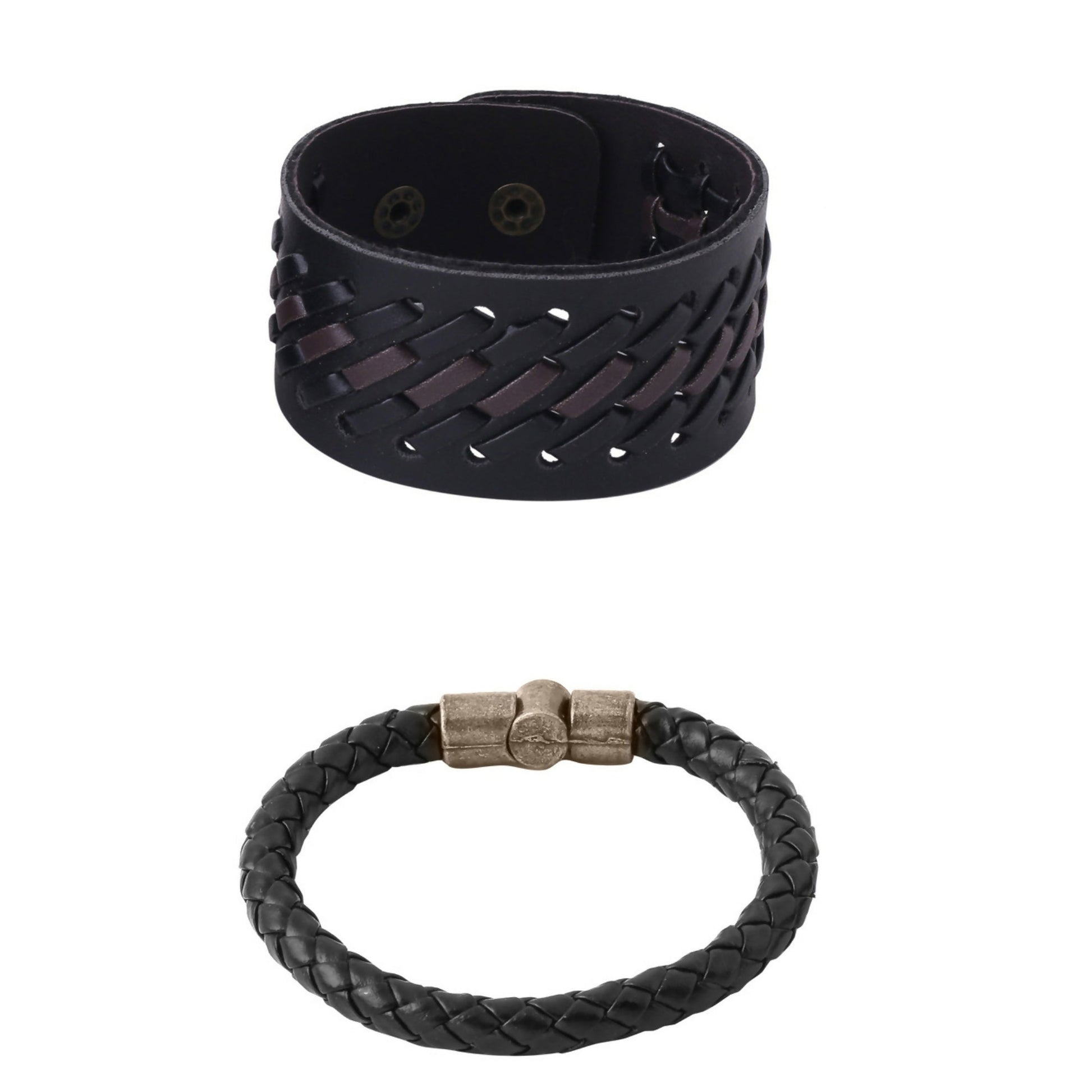 NVR Men's Set of 2 Black Leather Bracelet | Grab2Buy