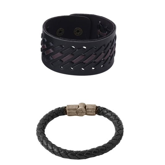 NVR Men's Set of 2 Black Leather Bracelet | Grab2Buy
