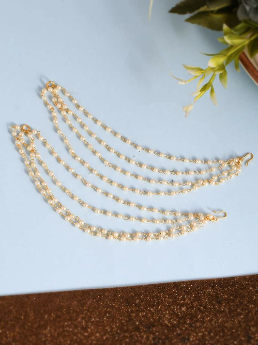 NVR Pearl Studded Classic Gold-Polished 4 Line Ear Chain Ear Cuff 