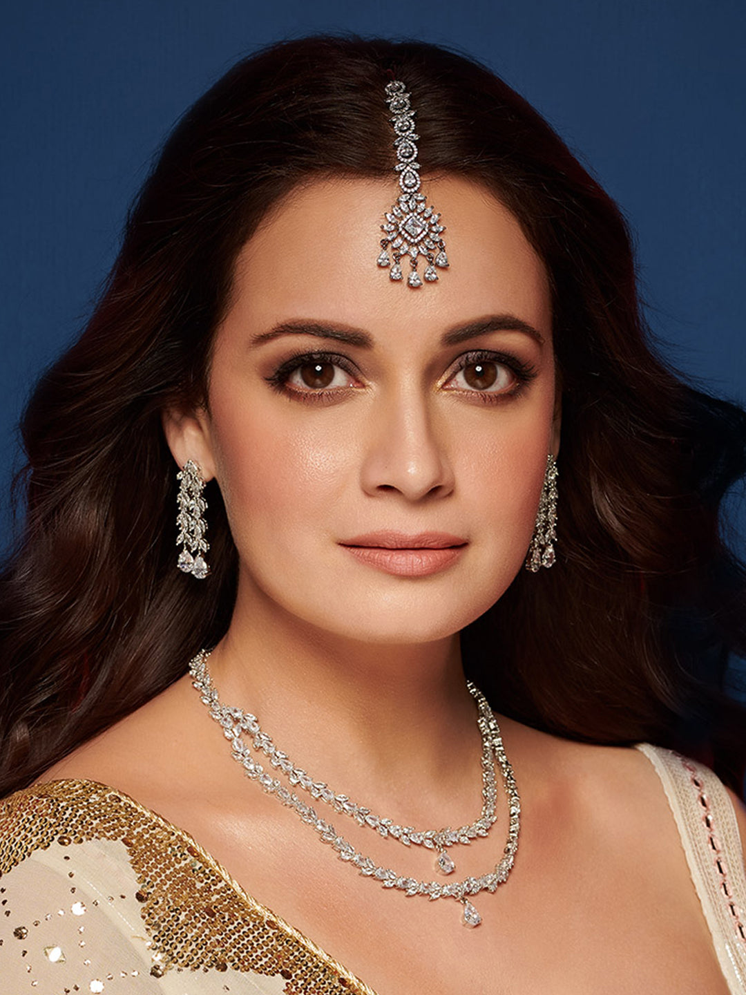 Priyaasi Women Eternal Moondust - American Diamond Silver Plated Leaf Layered Jewellery Set - Grab2buy