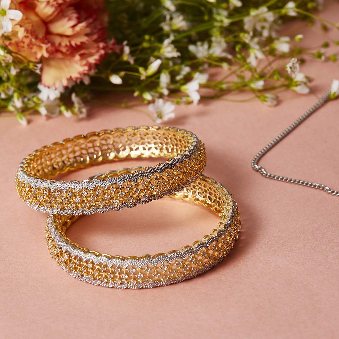 Gold-Polished Alloy American Diamond Broad Bangle Set - The Pari 