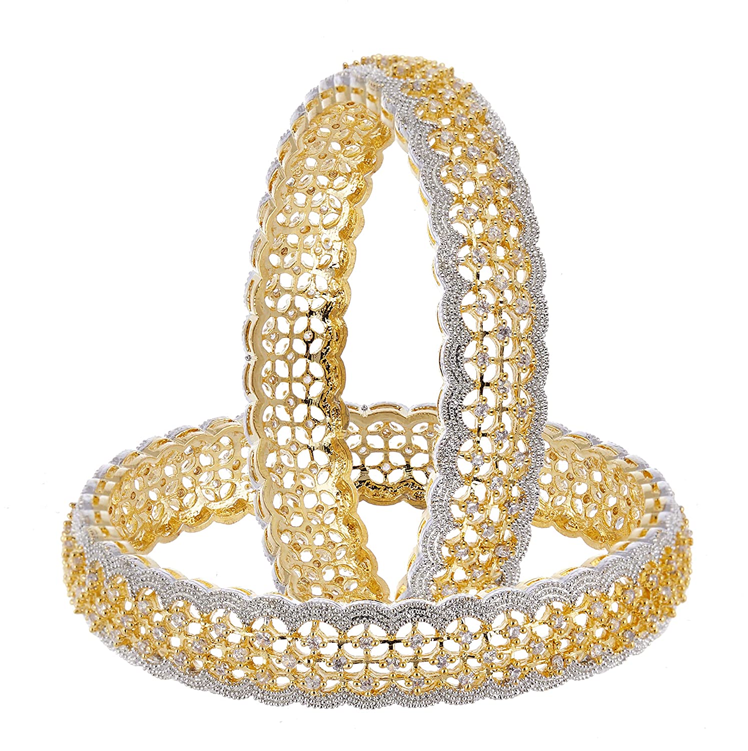 Gold-Polished Alloy American Diamond Broad Bangle Set - The Pari 