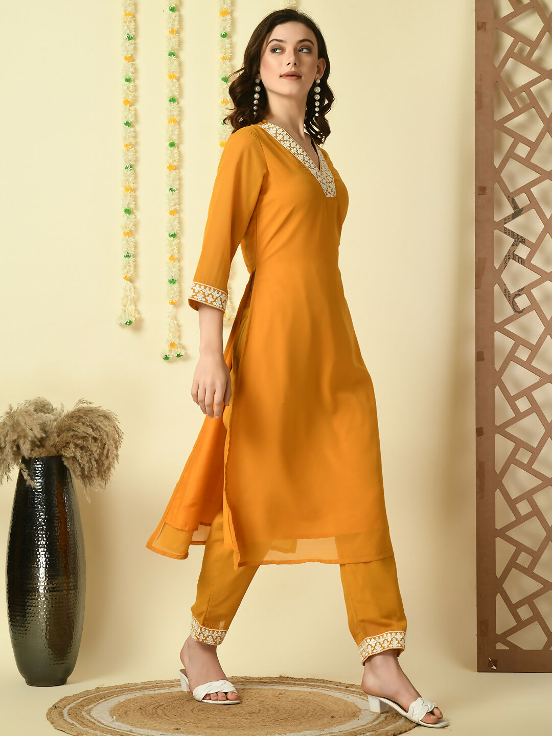 Myshka Women's Mustard Georgette Kurta & Trousers With Dupatta Party Sets