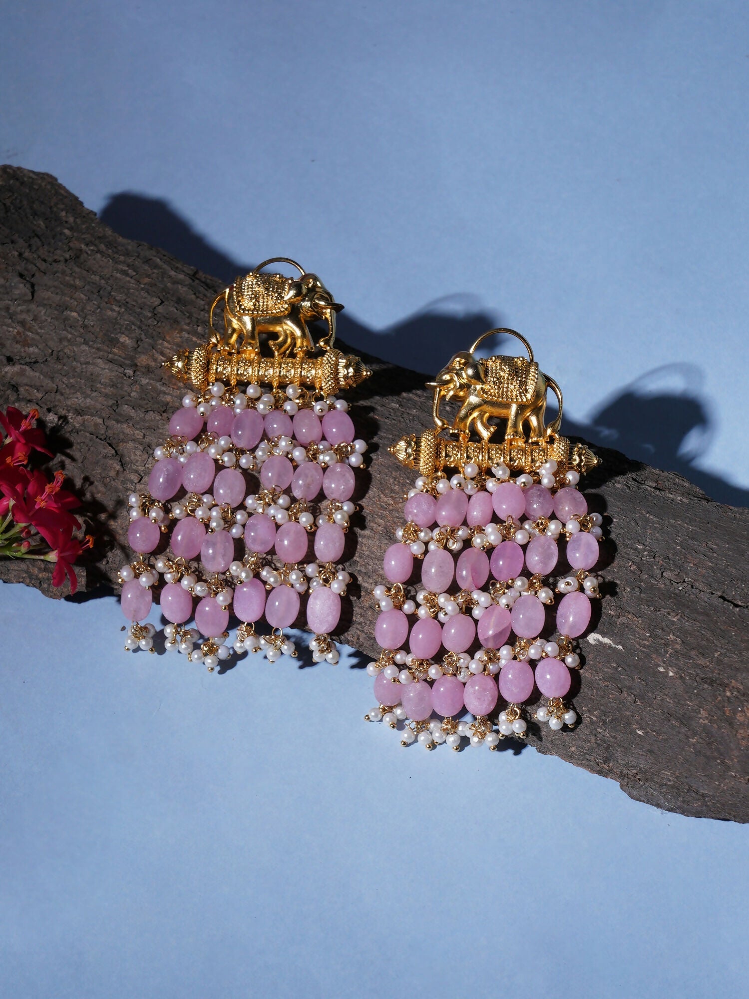 Long Layered Earrings with Elephant Motifs (Pink) - Ruby Raang - Grab2buy