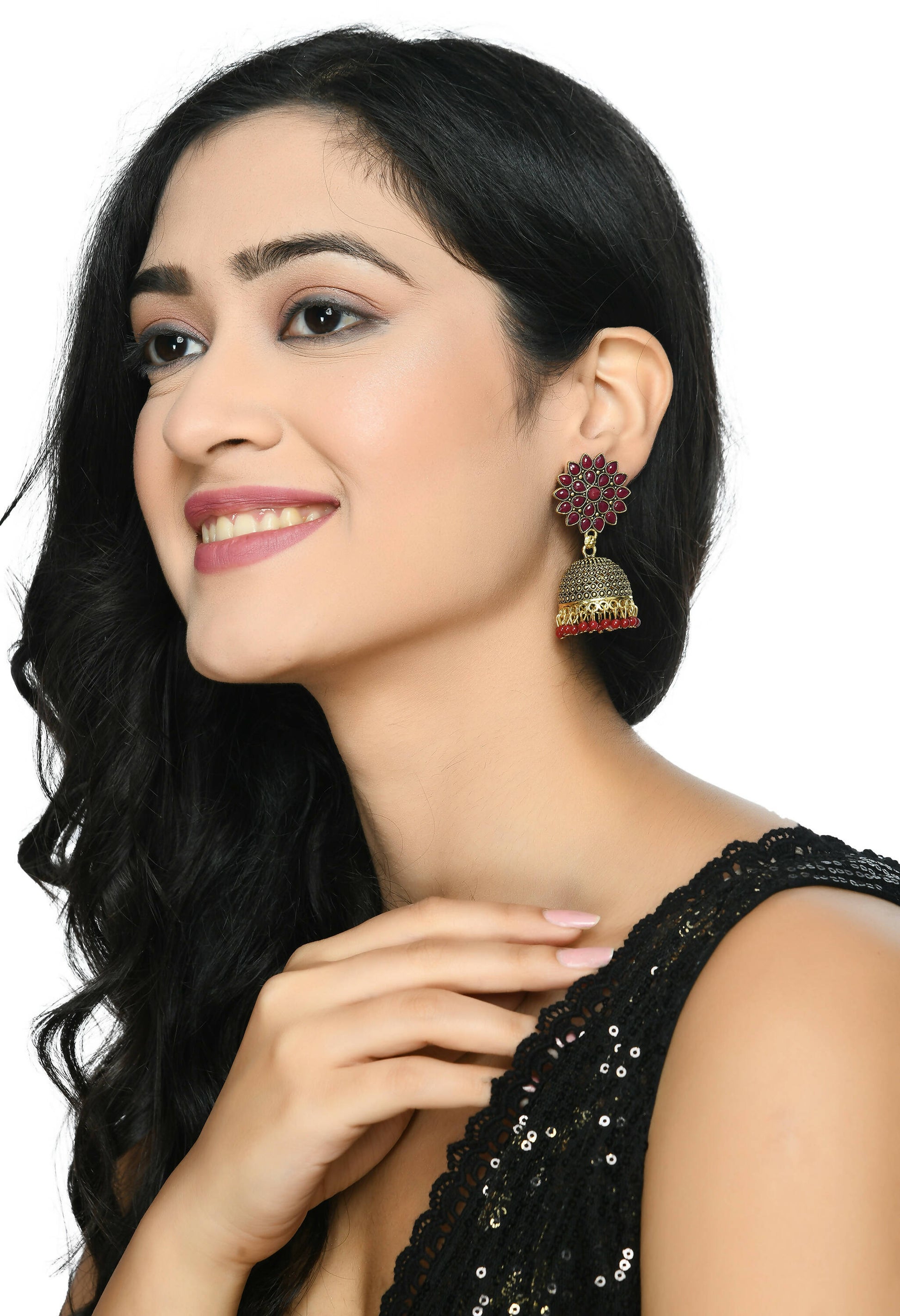 Mominos Fashion Joharkamal Kundan work Jhumka with Maroon Beads - Grab2buy