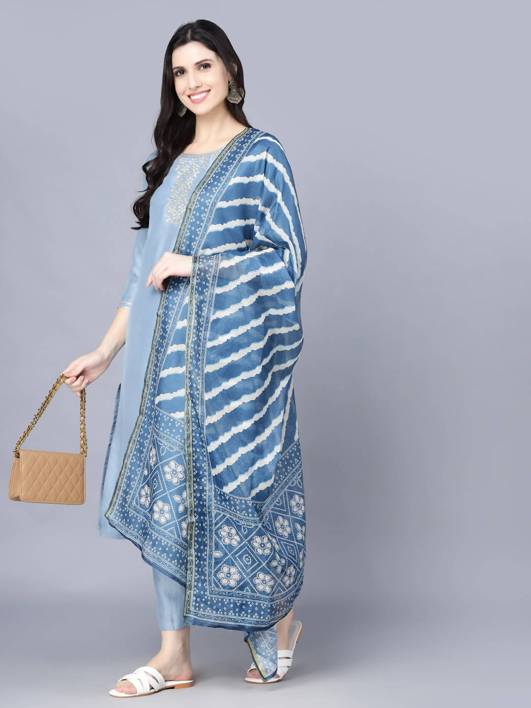 Myshka Women Blue Ethnic Motifs Panelled Kurta with Trousers With Dupatta