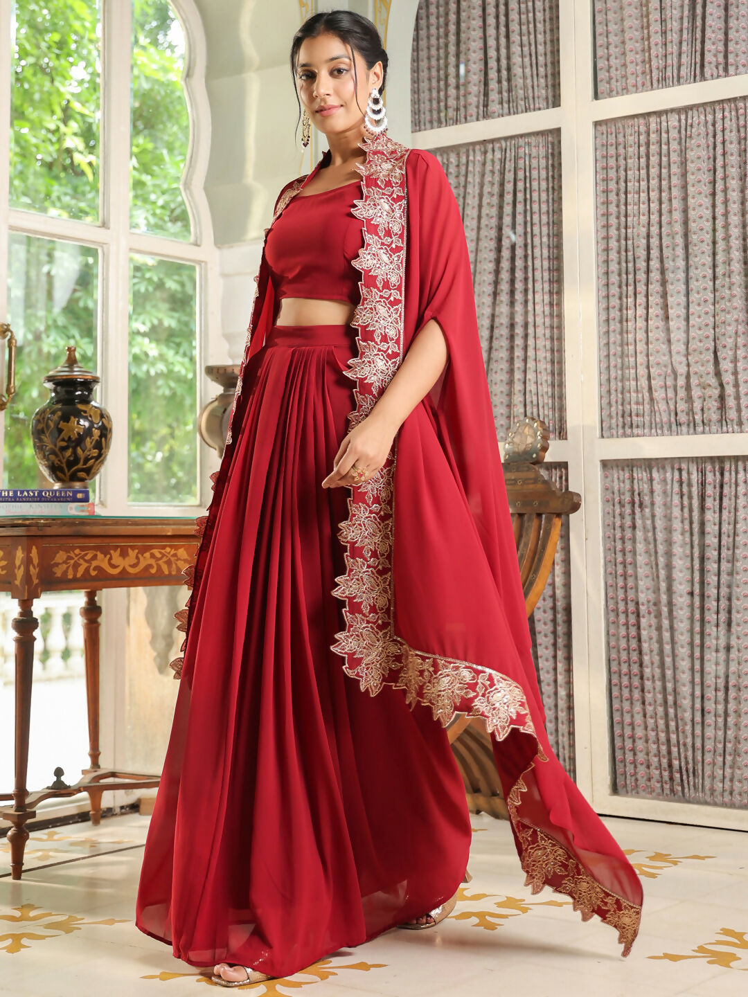 Janasya Maroon Georgette Solid Top Bottom Cape 