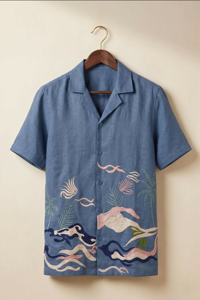 Mirage — Deep Blue Embroidered Linen Shirt by Hilo Design