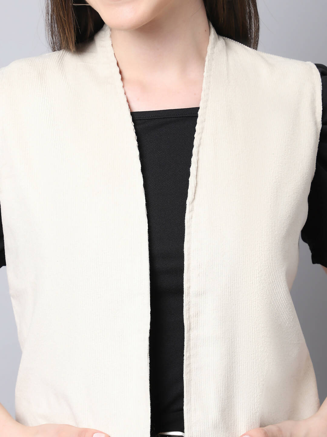 Even Apparels White Polywool Open Front Corduroy Women's Long Coat 