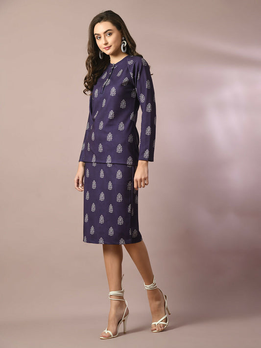 Myshka Women's Navy Blue Printed Round Neck Party Top With Skirt Co-ord set 