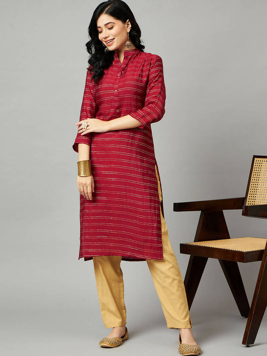 Red Poly Cotton Texture Straight Kurta - Sabella