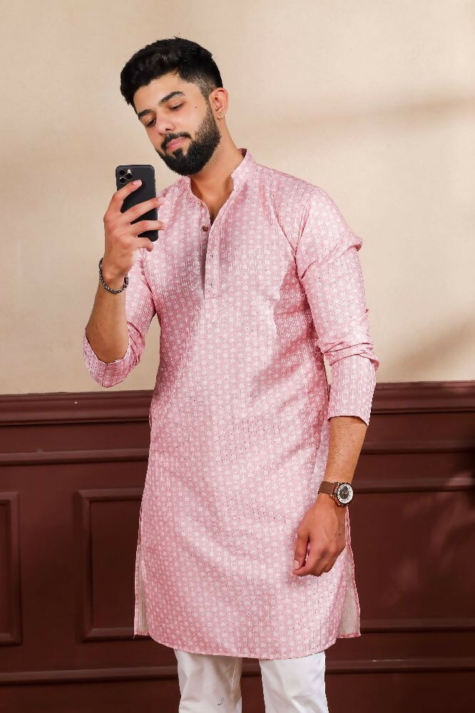 Pink Art Silk Digital Printed, Embroidery Work Kurta Set - Mahotsav