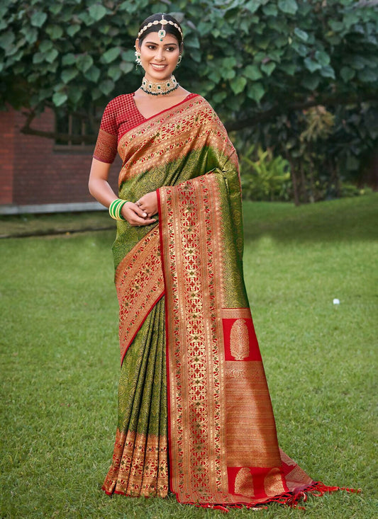 Shree Shyam Fashion Mehandi Golden Banarasi Silk Saree