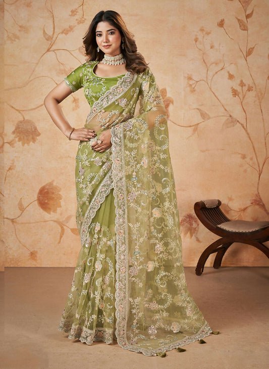 Green Net Sequence & Cord Embroidered Saree - Mohmanthan Dakshika