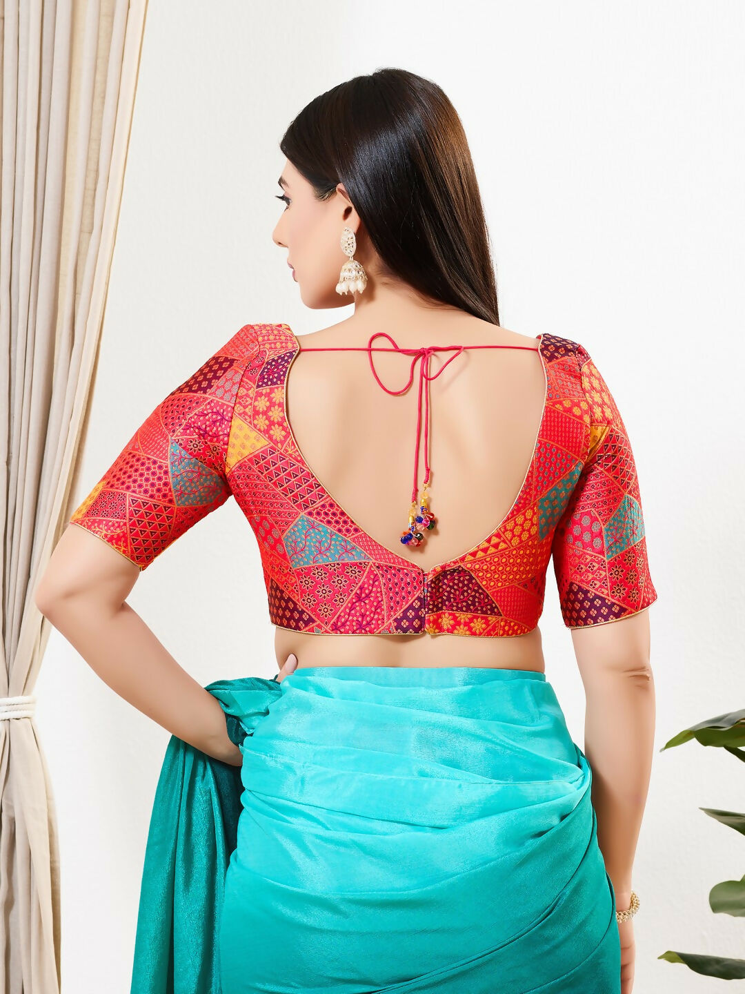 Joban Fashion Red Brocade Padded Blouse With V Neck Elbow Sleeves