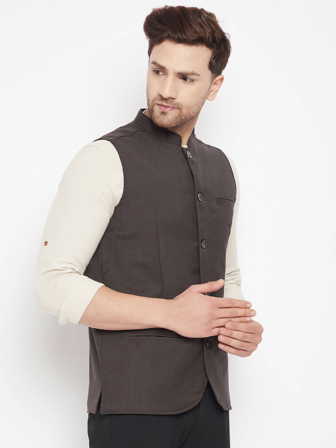 Even Apparels Brown Merino Men Woven Nehru Jacket 
