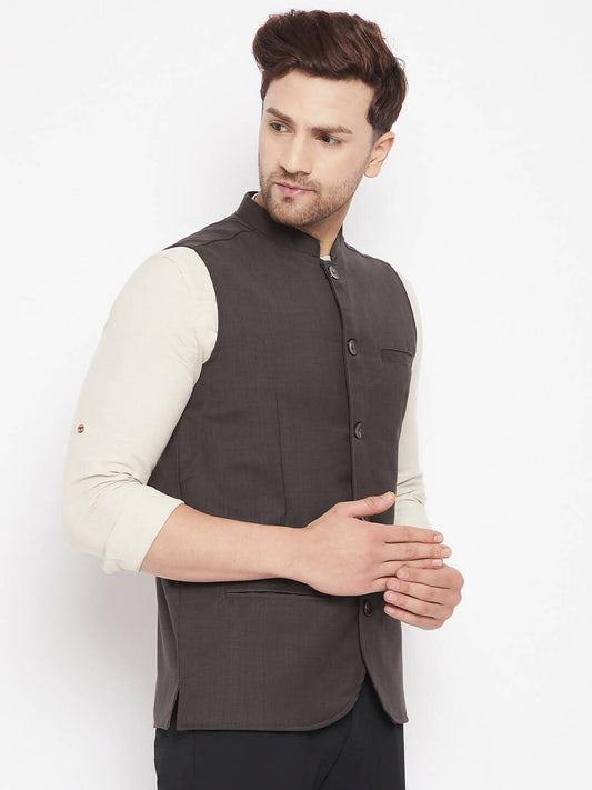 Even Apparels Brown Merino Men Woven Nehru Jacket 