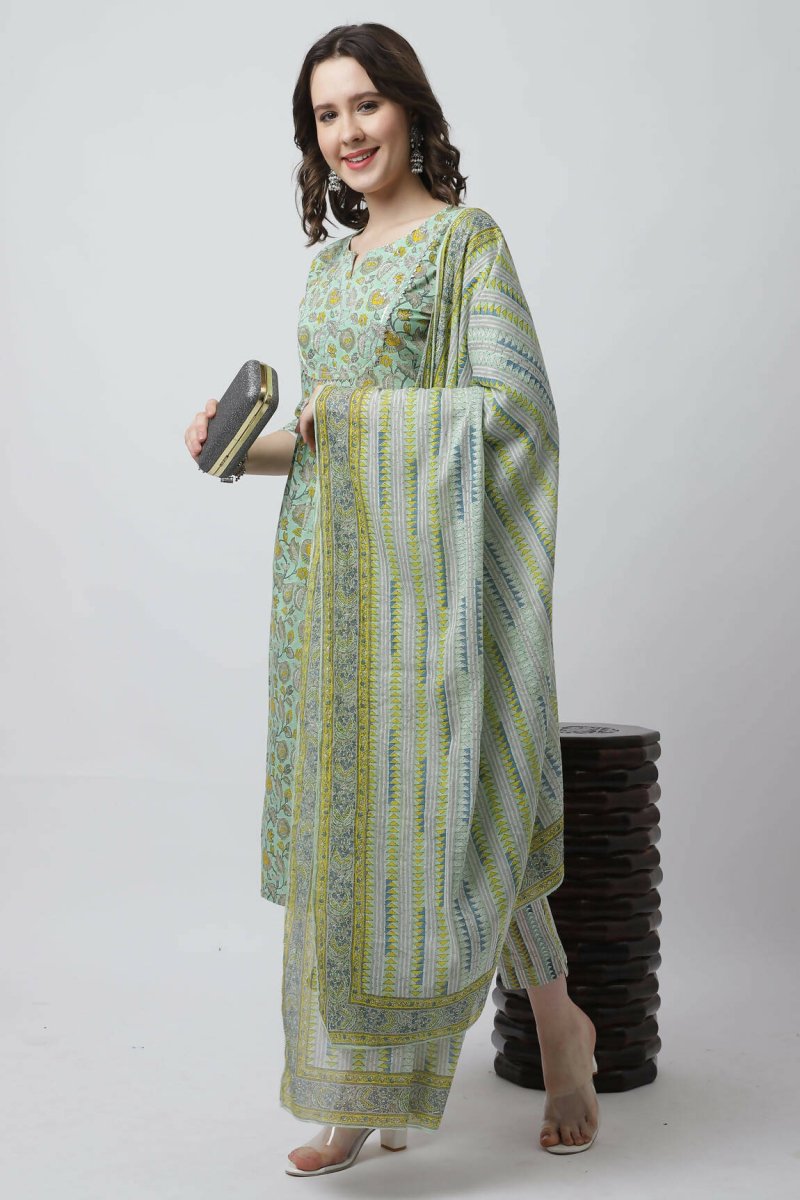 Aastha Fashion Women's Sea Green Cotton Jaipuri Printed Kurta with Trouser & Dupatta - Grab2buy